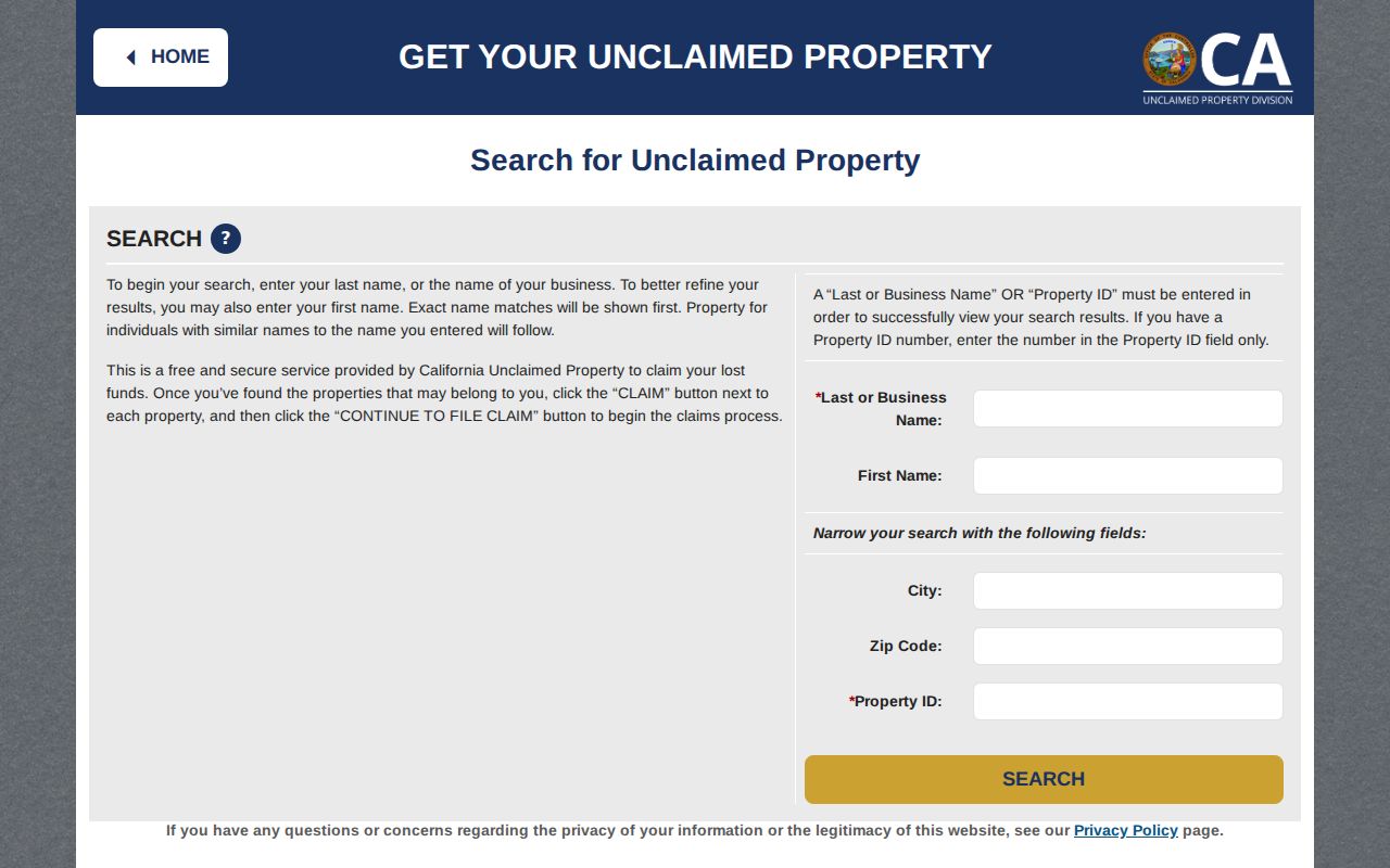 California Unclaimed Property name and ZIP search