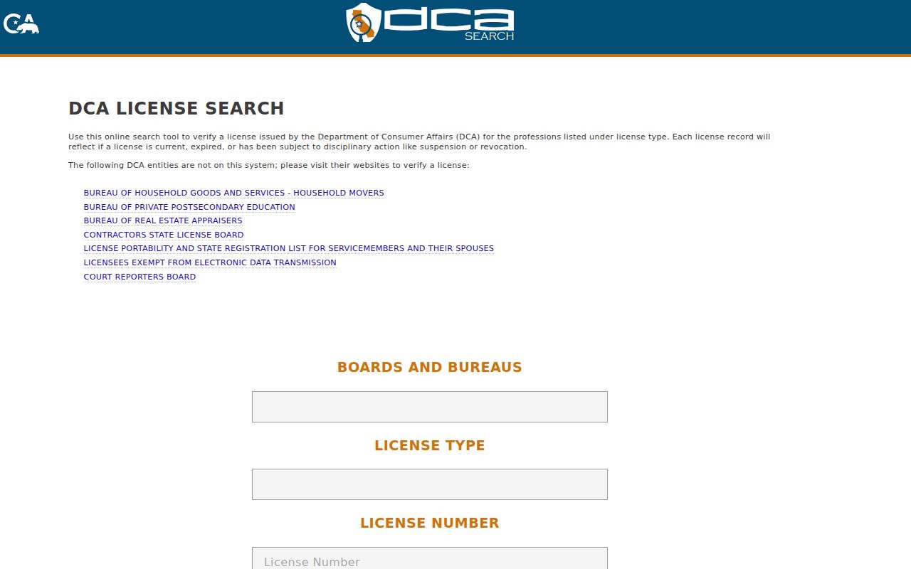 California Department of Consumer Affairs license search screen