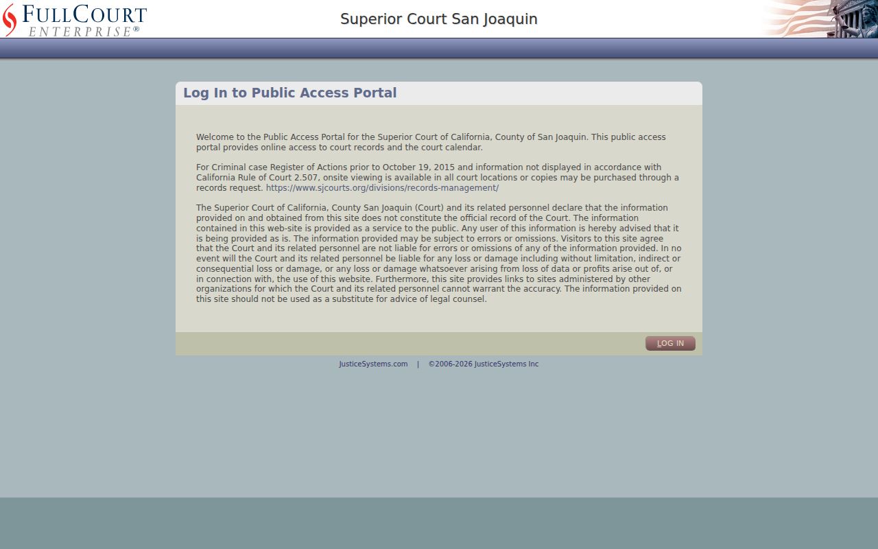 San Joaquin Superior Court Smart Search interface for Tracy case research