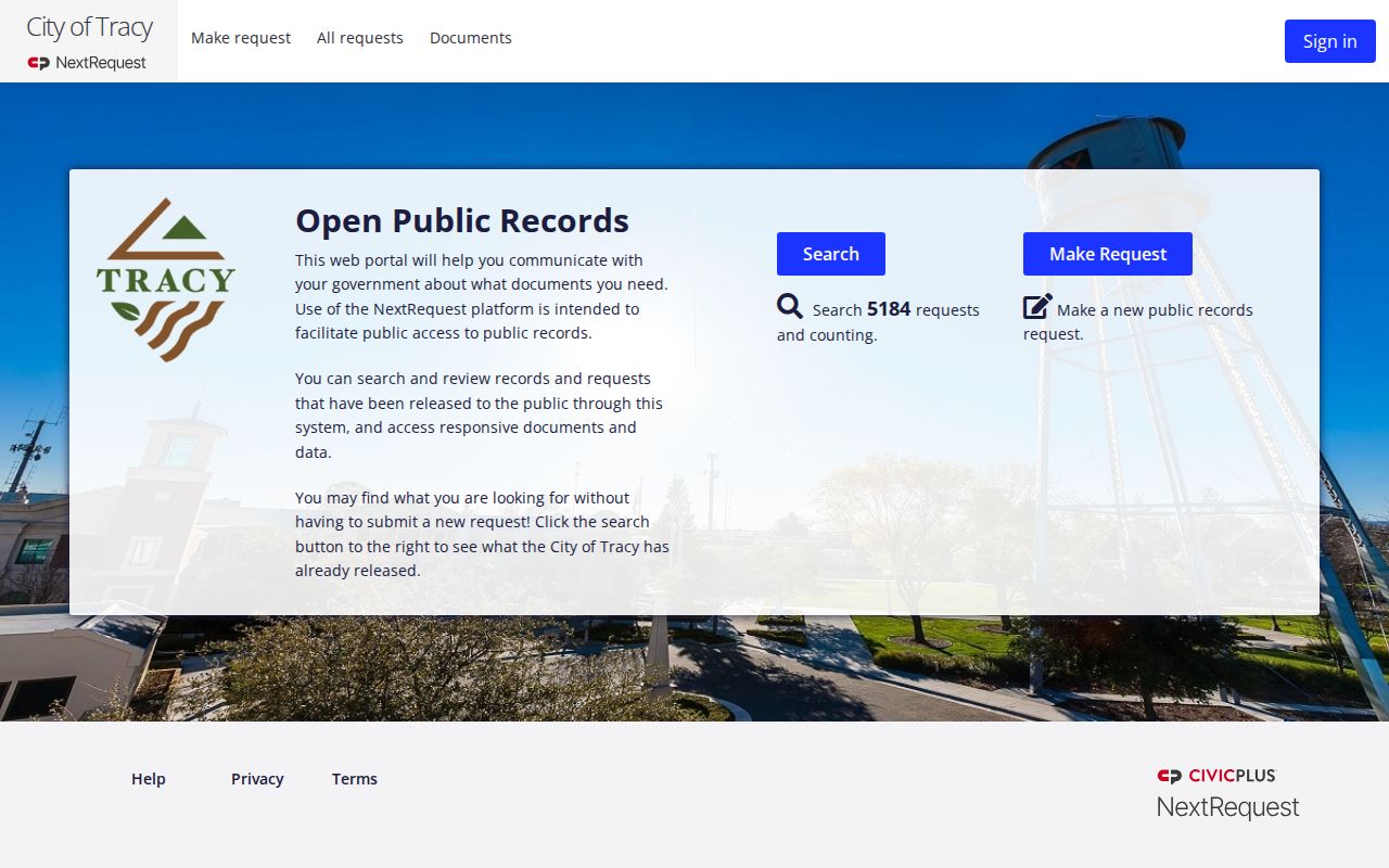 Tracy NextRequest public-record search portal