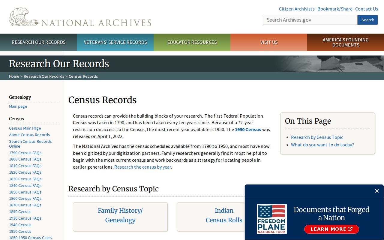 National Archives census research page for historic Tracy households