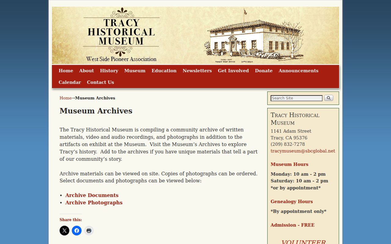Tracy Historical Museum archive and local-history collections