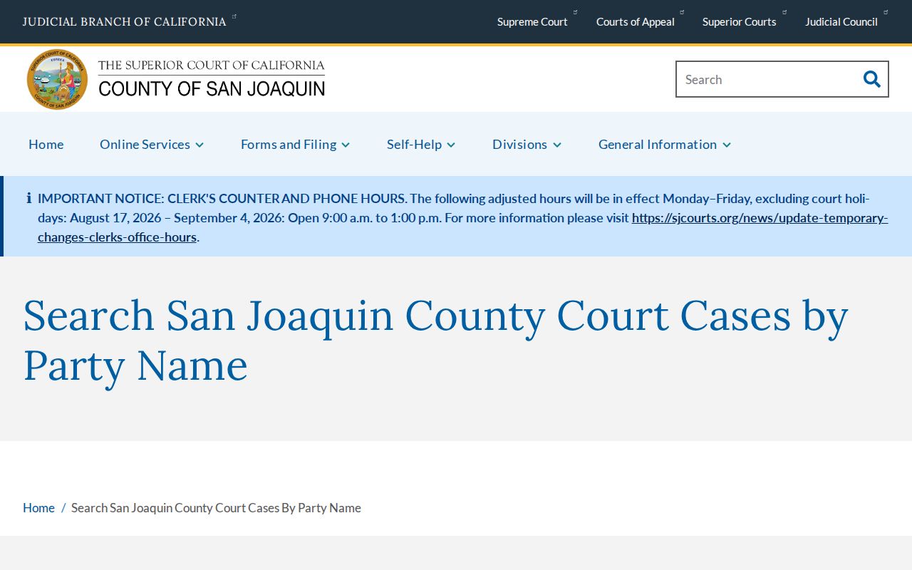 San Joaquin Superior Court party name search for a Tracy resident lookup